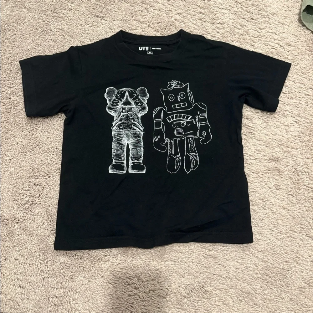 KAWS Black Graphic Tee with White Robot & Bear Sketches